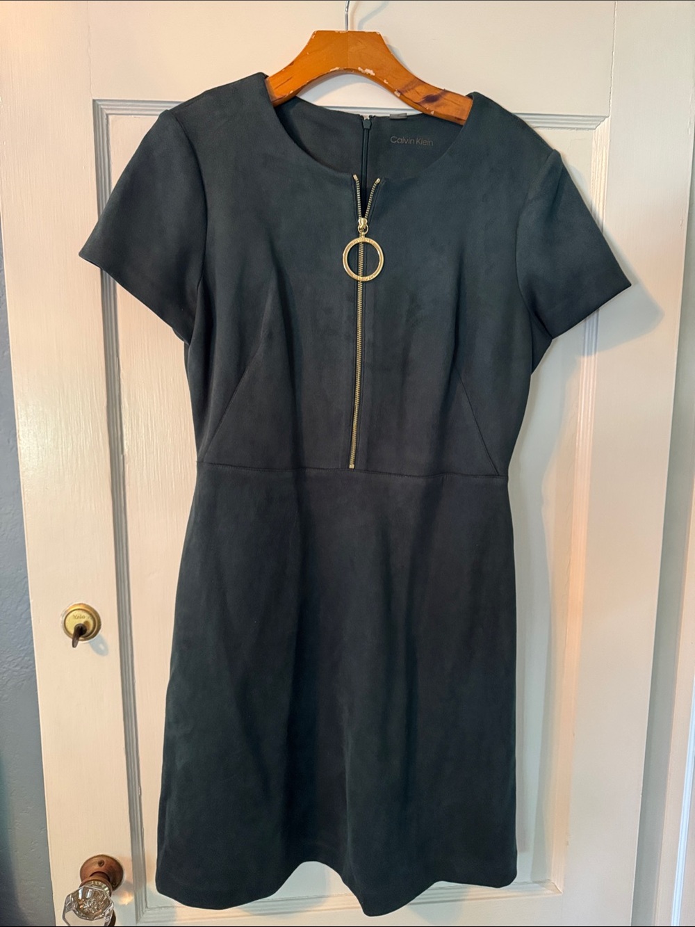 Calvin Klein Green Short Sleeve Faux-Suede Zip-Front Dress